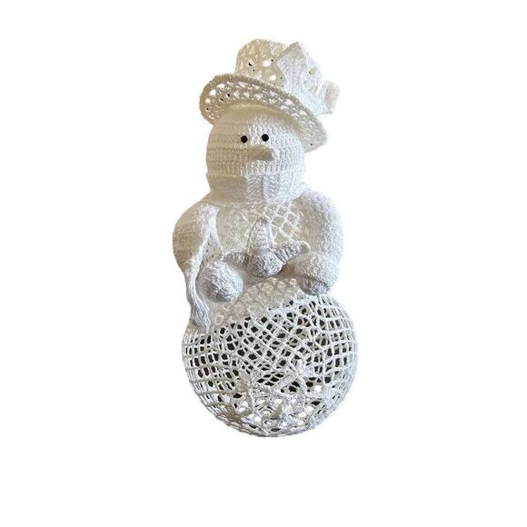 Vintage Crochet and Starched 3D Snowman w/Scarf - Picture 1 of 10